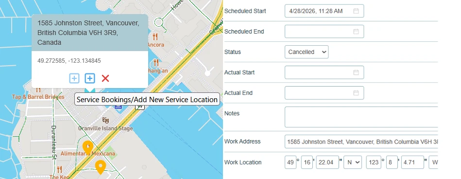 Capturing geocode-verified location data on a map alongside a service booking record in Flowfinity Actions